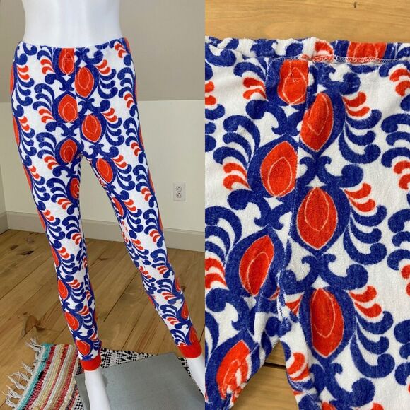 Unbranded Pants - Vintage 70s Terry Cloth Stretch Leggings Pants Filigree psychedelic M Medium